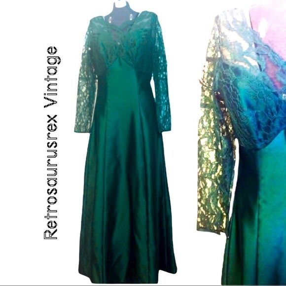 𝅺vintage 1980's Emerald Green Lace Maxi Evening Gown by Alfred Angelo,Small - Picture 1 of 6